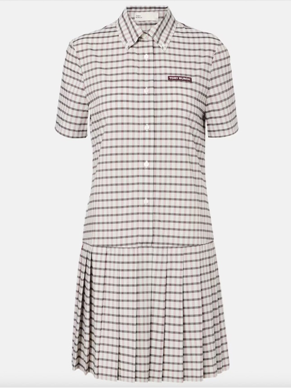 Tory Burch Short-Sleeve Plaid Shirt Dress in Cream, Black & Burgundy